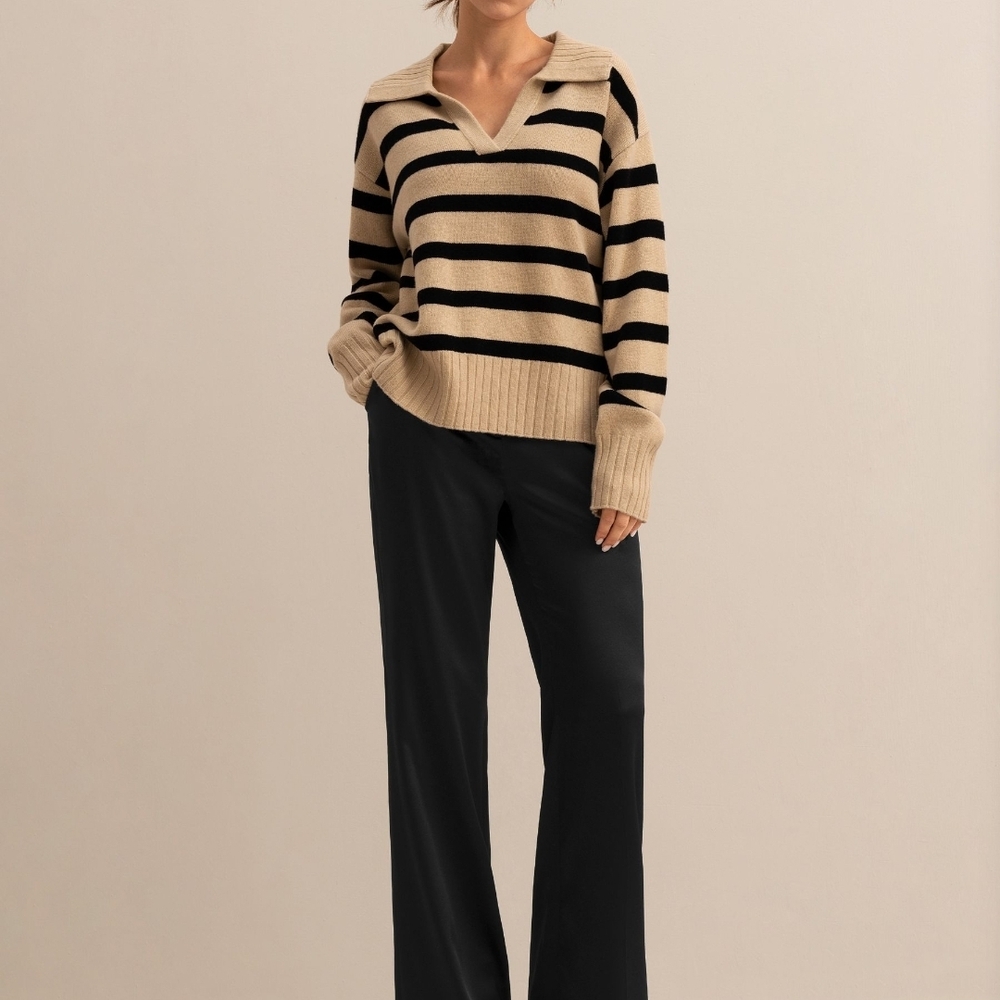 Lilysilk 100% Merino Wool Small Striped V-Neck Sweater - Black and Tan